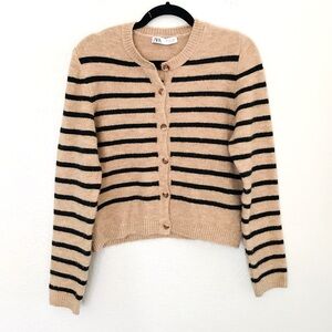 Zara Striped Cardigan Sweater Black & Tan Sz Large